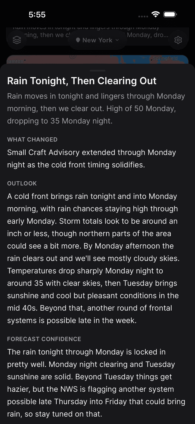 AI forecast summary showing rain tonight then clearing with detailed outlook and confidence assessment