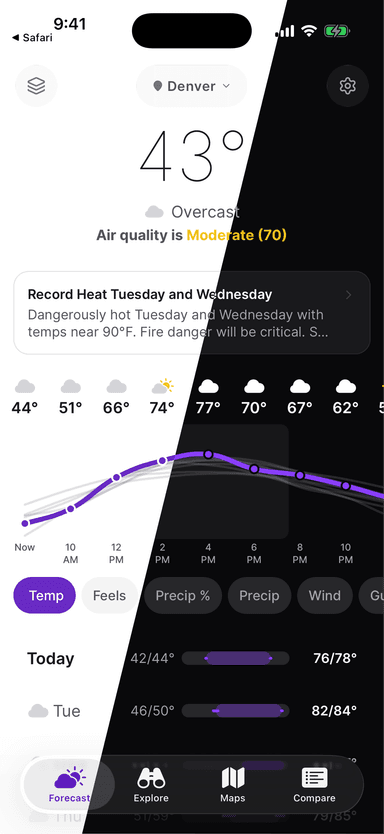 iPhone showing light and dark mode side by side