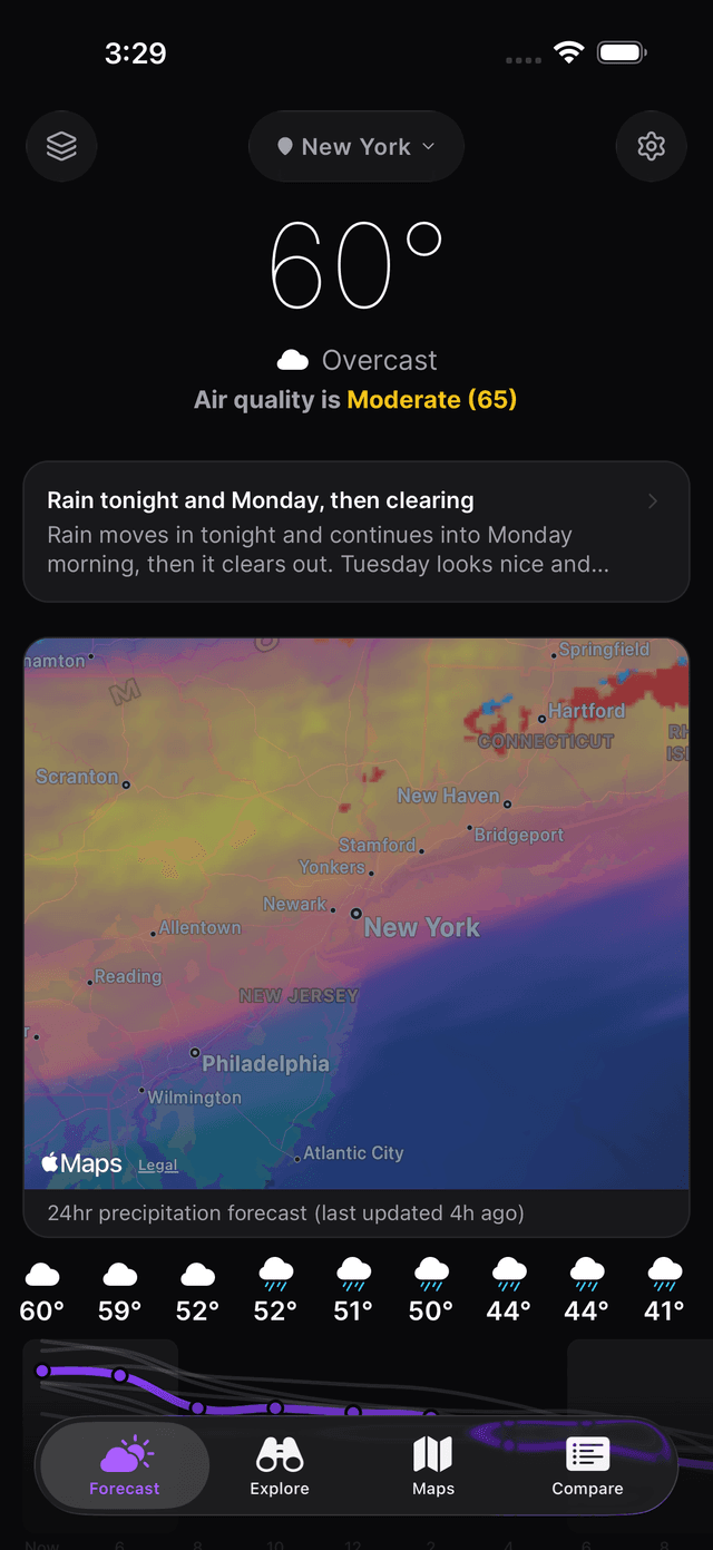 LucidSky home screen with current conditions, AI forecast, precipitation map, and hourly strip