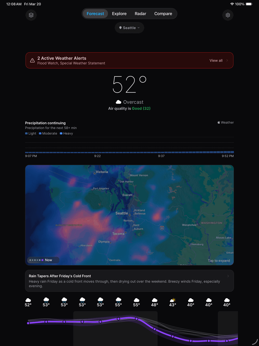 iPad showing full forecast layout with alerts, precipitation nowcast, radar map, AI discussion, and hourly strip