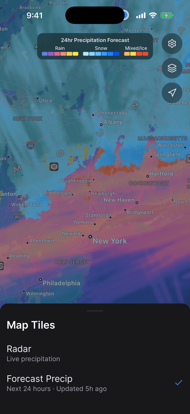 24-hour precipitation forecast map showing rain, snow, and mixed precipitation