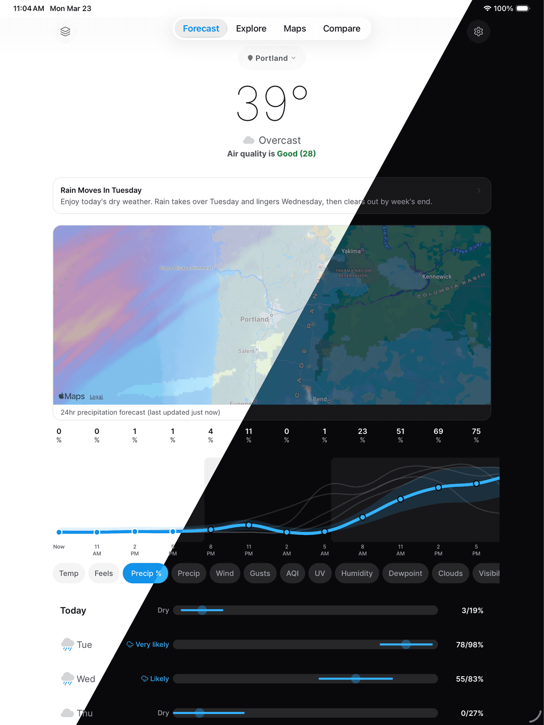 iPad showing LucidSky in light and dark mode side by side, Portland, with precipitation forecast