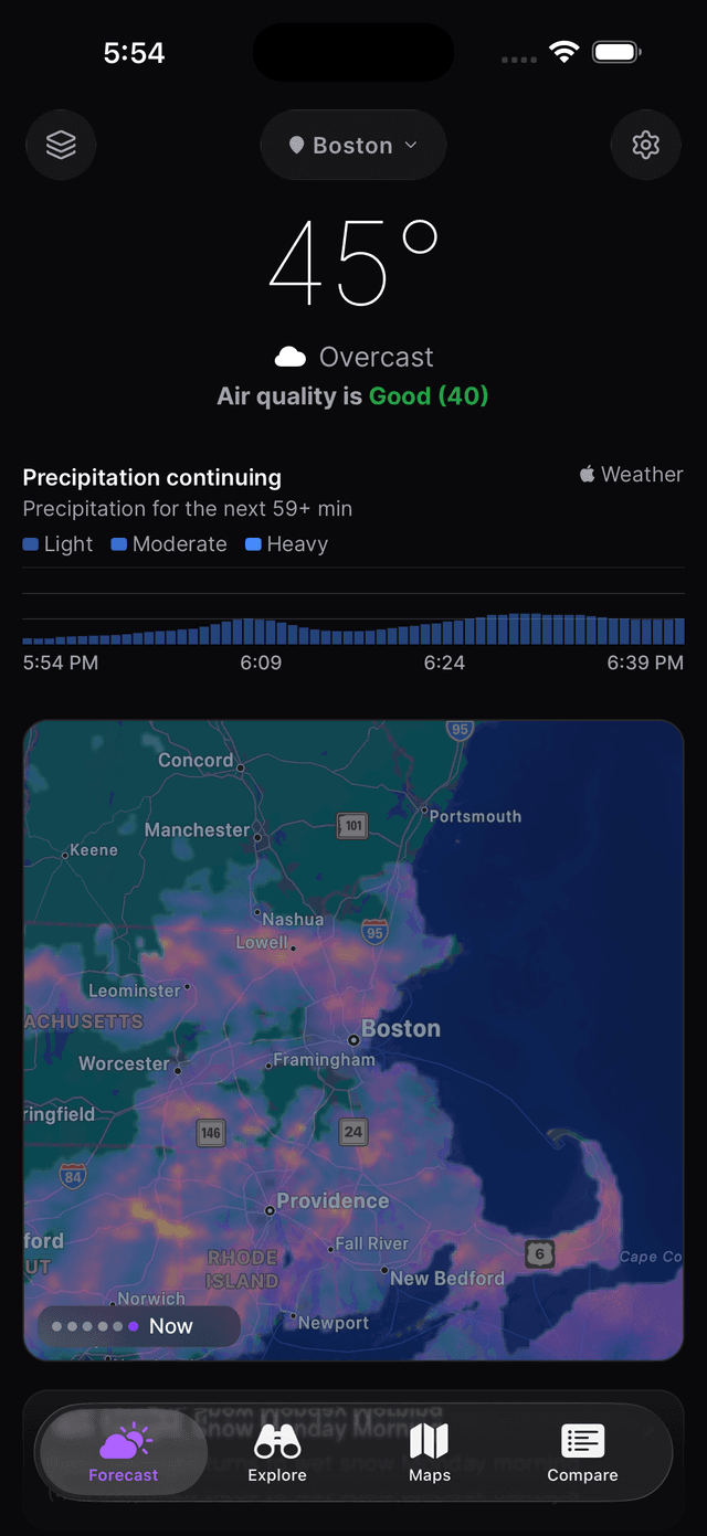 Minute-by-minute precipitation nowcast powered by Apple WeatherKit