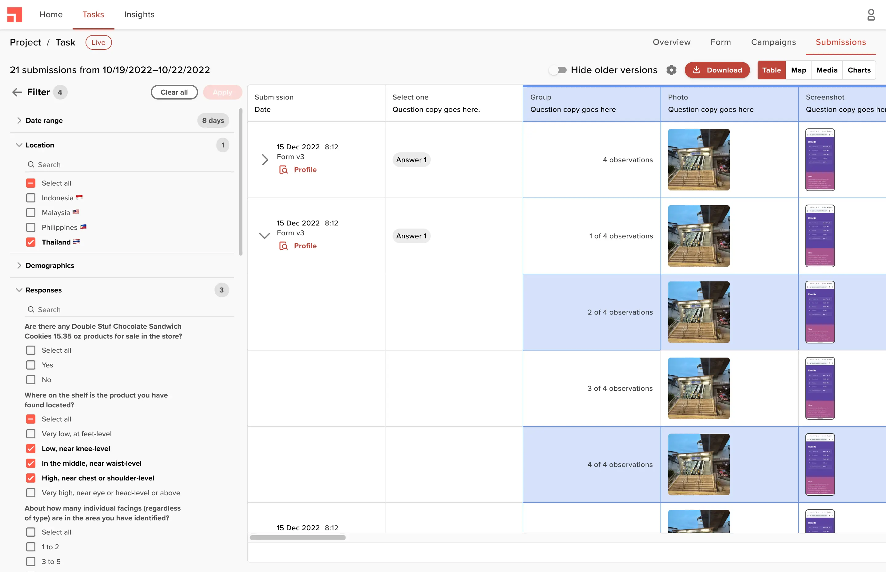 Filter and export interface